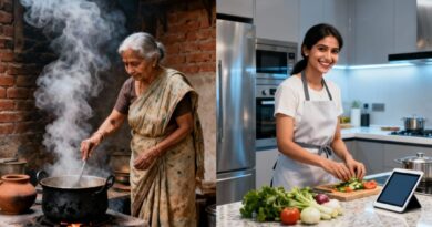 भारतीय रसोई के ऐतिहासिक विकास को दर्शाने वाली छवि, जिसमें पुराने चूल्हे से लेकर आधुनिक मॉड्यूलर किचन और डिजिटल उपकरणों को दिखाया गया है।