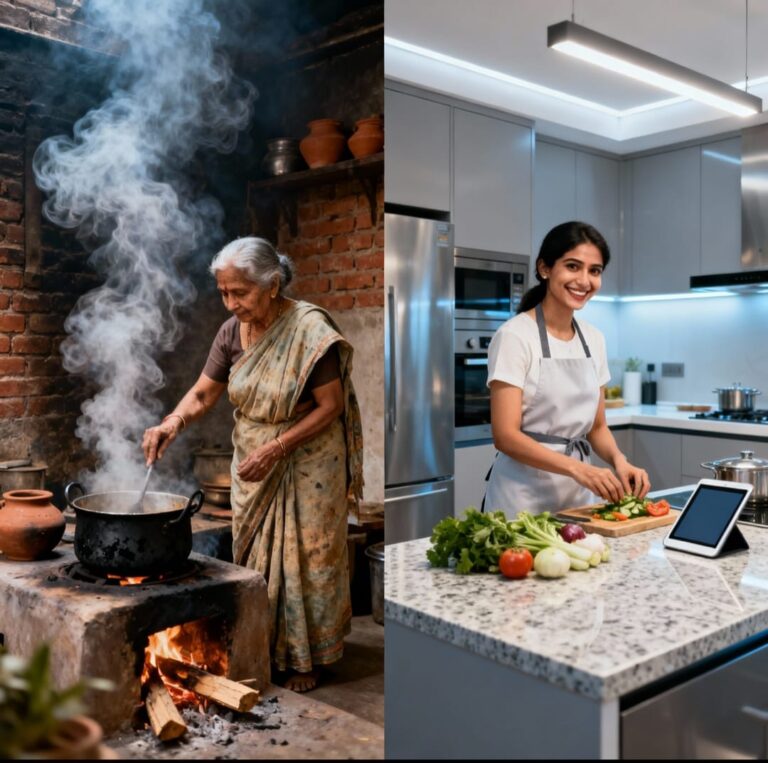 भारतीय रसोई के ऐतिहासिक विकास को दर्शाने वाली छवि, जिसमें पुराने चूल्हे से लेकर आधुनिक मॉड्यूलर किचन और डिजिटल उपकरणों को दिखाया गया है।