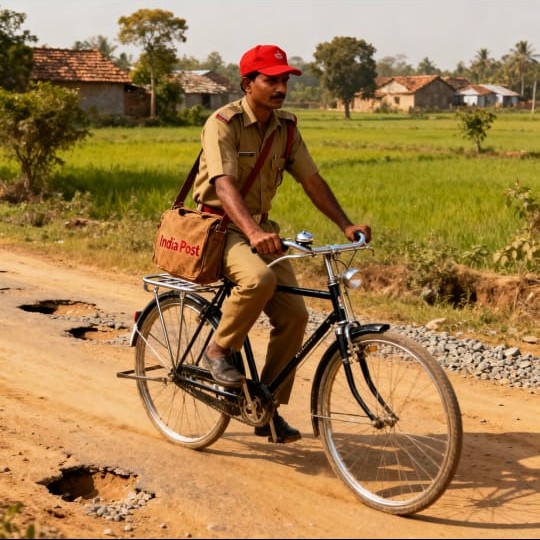 एक डाकिया ख़ाकी वर्दी पहने साइकिल पर है,