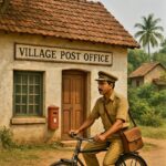 एक डाकिया ख़ाकी वर्दी पहने साइकिल पर है, और उसके हाथ में चिट्ठियों का बंडल है, जो बीते ज़माने में संचार के भावनात्मक महत्व को दर्शाता है।