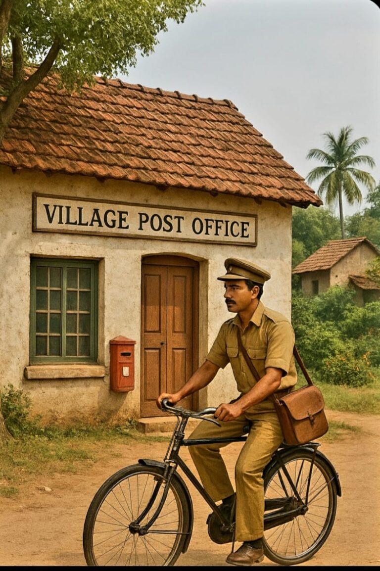 एक डाकिया ख़ाकी वर्दी पहने साइकिल पर है, और उसके हाथ में चिट्ठियों का बंडल है, जो बीते ज़माने में संचार के भावनात्मक महत्व को दर्शाता है।