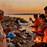 मथुरा में यमुना नदी की प्रदूषित धारा, जिसमें प्लास्टिक और रासायनिक झाग तैर रहे हैं