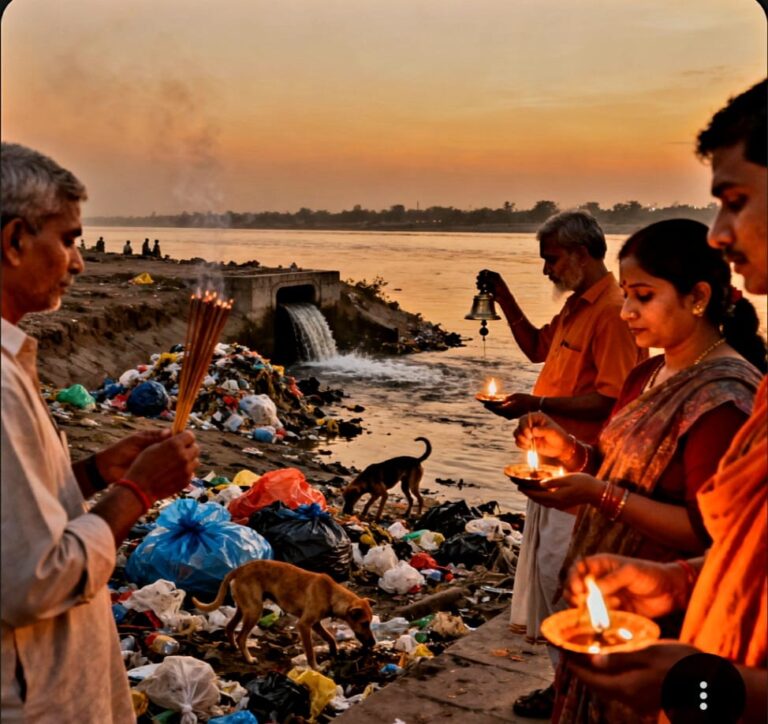 मथुरा में यमुना नदी की प्रदूषित धारा, जिसमें प्लास्टिक और रासायनिक झाग तैर रहे हैं
