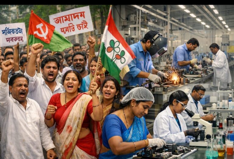 पश्चिम बंगाल और तमिलनाडु के आर्थिक विकास मॉडल की तुलना दर्शाता दृश्य