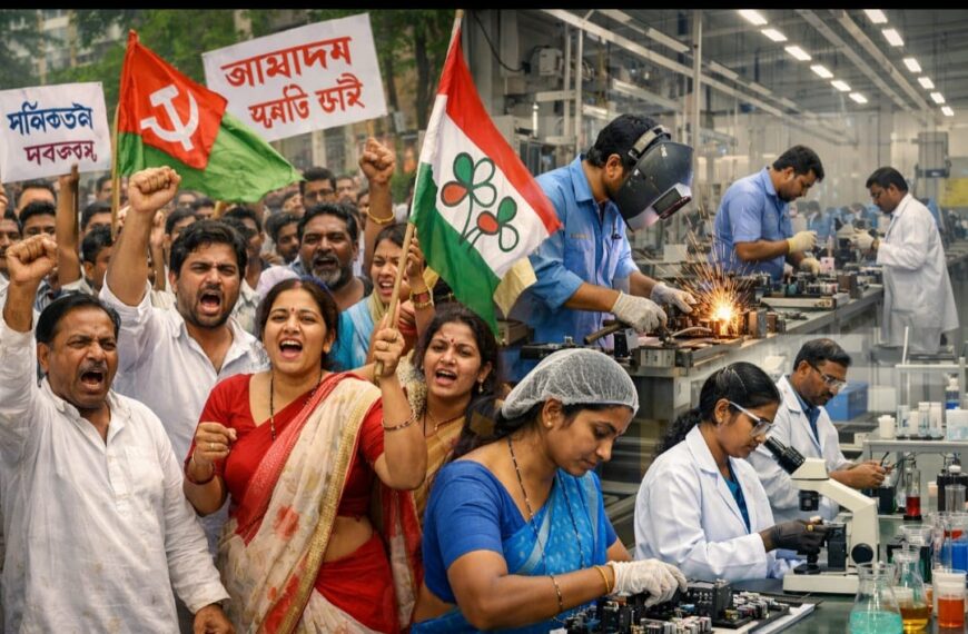 पश्चिम बंगाल और तमिलनाडु के आर्थिक विकास मॉडल की तुलना दर्शाता दृश्य