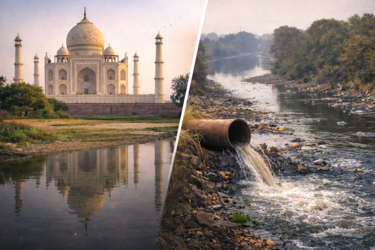 Taj Mahal Agra pollution, Yamuna river pollution, Agra heritage buildings, Agra air quality PM2.5
