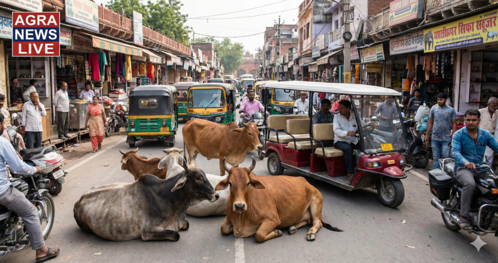 Stray bulls fighting at Gulistan parking Fatehpur Sikri Agra causes panic among tourists, stray cattle menace in UP