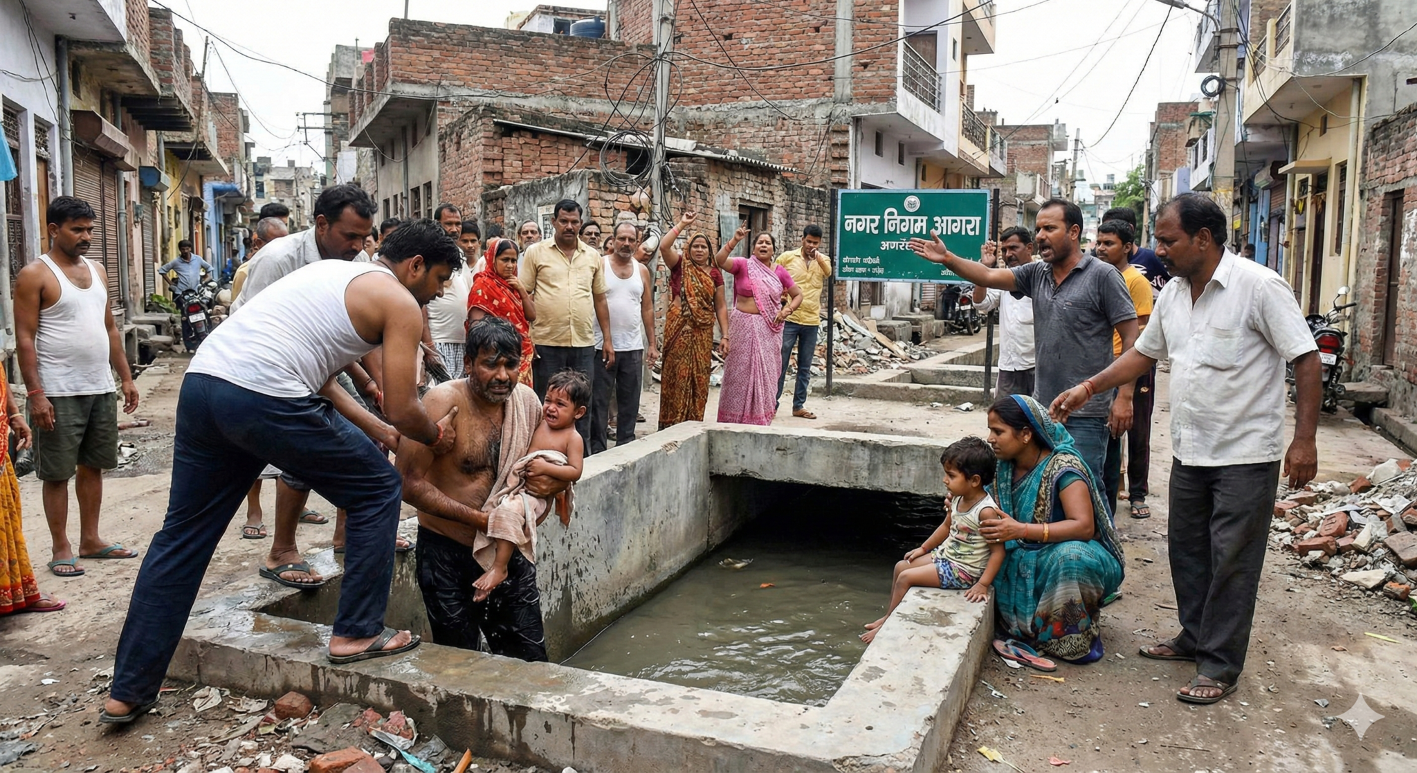 Agra News children fell in open drain Jagdishpura rescued by neighbor protest Nagar Nigam 2026