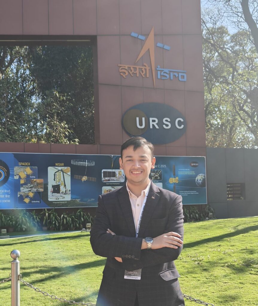 Pratik Sharma Hansraj College student presenting research paper at ISRO URSC conference Bengaluru.