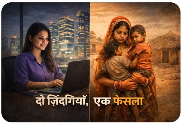 भारत में बाल विवाह के खिलाफ जागरूकता और ग्रामीण-शहरी अंतर दर्शाती प्रतीकात्मक छवि