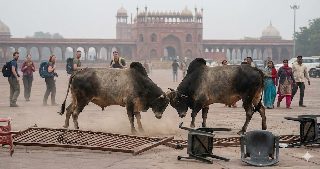 Stray bulls fighting at Gulistan parking Fatehpur Sikri Agra causes panic among tourists, stray cattle menace in UP
