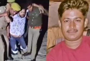 बदायूं डबल मर्डर आरोपी अजय प्रताप की दुकानों पर चस्पा सरकारी ध्वस्तीकरण नोटिस और तैनात पुलिस बल।