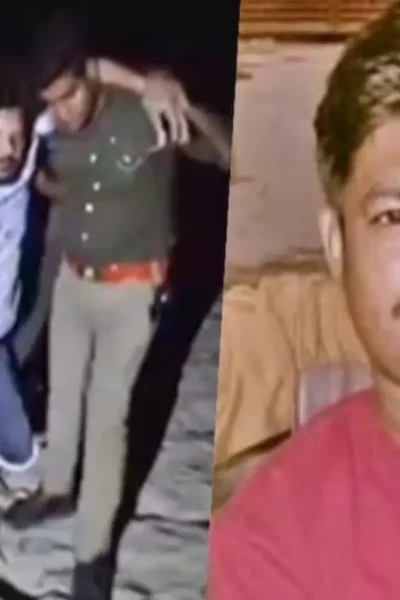 बदायूं डबल मर्डर आरोपी अजय प्रताप की दुकानों पर चस्पा सरकारी ध्वस्तीकरण नोटिस और तैनात पुलिस बल।