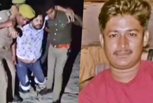 बदायूं डबल मर्डर आरोपी अजय प्रताप की दुकानों पर चस्पा सरकारी ध्वस्तीकरण नोटिस और तैनात पुलिस बल।