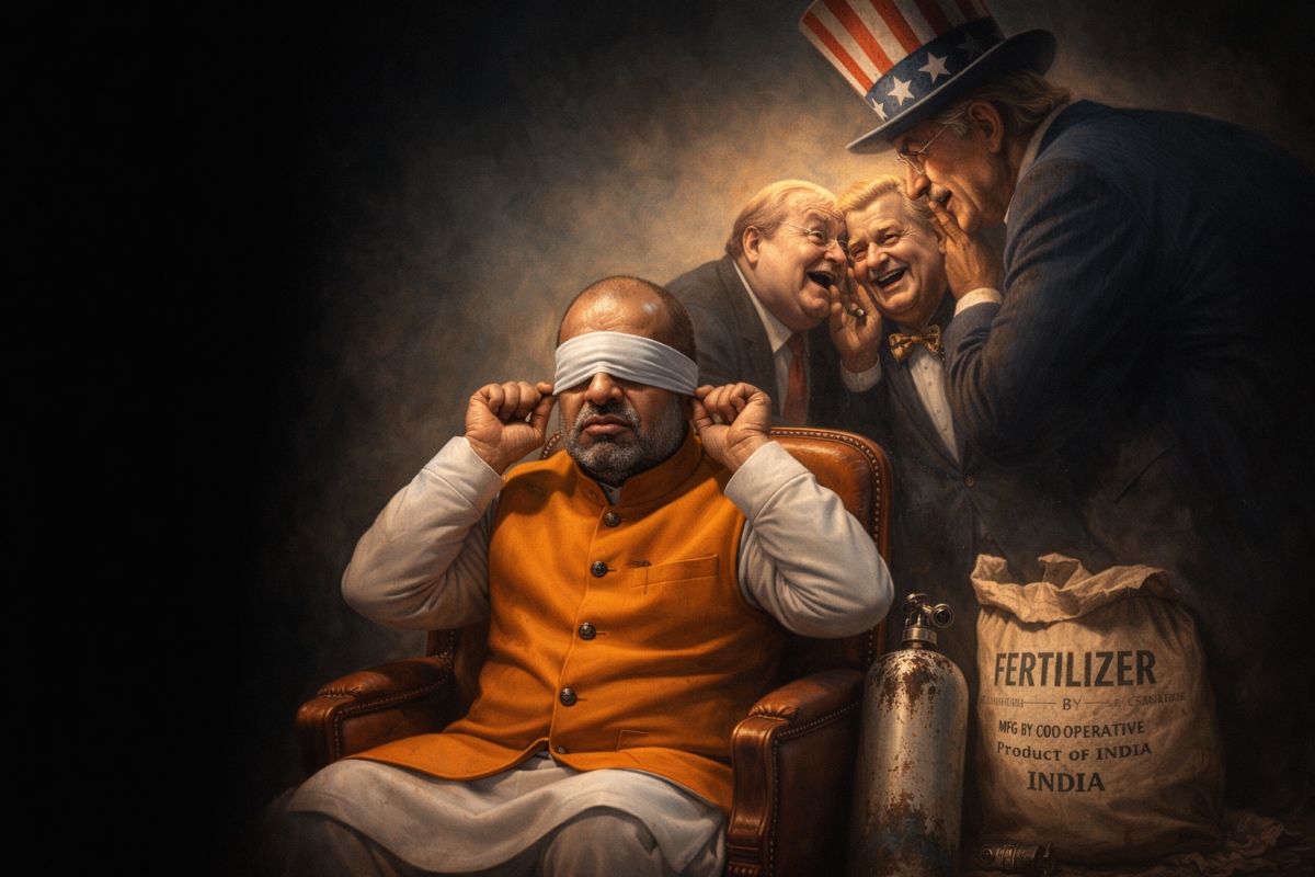Vishnu Nagar political satire article on Indian politics, corporate connections and silence on US Iran conflict