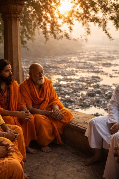 वृन्दावन देवालय समिति के सदस्य यमुना प्रदूषण पर राष्ट्रपति को ज्ञापन सौंपने की रणनीति बनाते हुए।