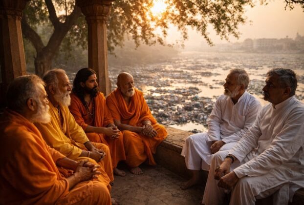 वृन्दावन देवालय समिति के सदस्य यमुना प्रदूषण पर राष्ट्रपति को ज्ञापन सौंपने की रणनीति बनाते हुए।