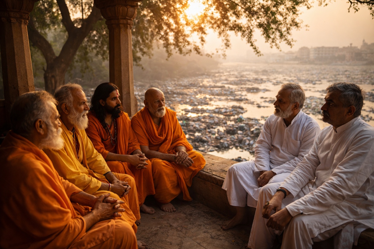 वृन्दावन देवालय समिति के सदस्य यमुना प्रदूषण पर राष्ट्रपति को ज्ञापन सौंपने की रणनीति बनाते हुए।