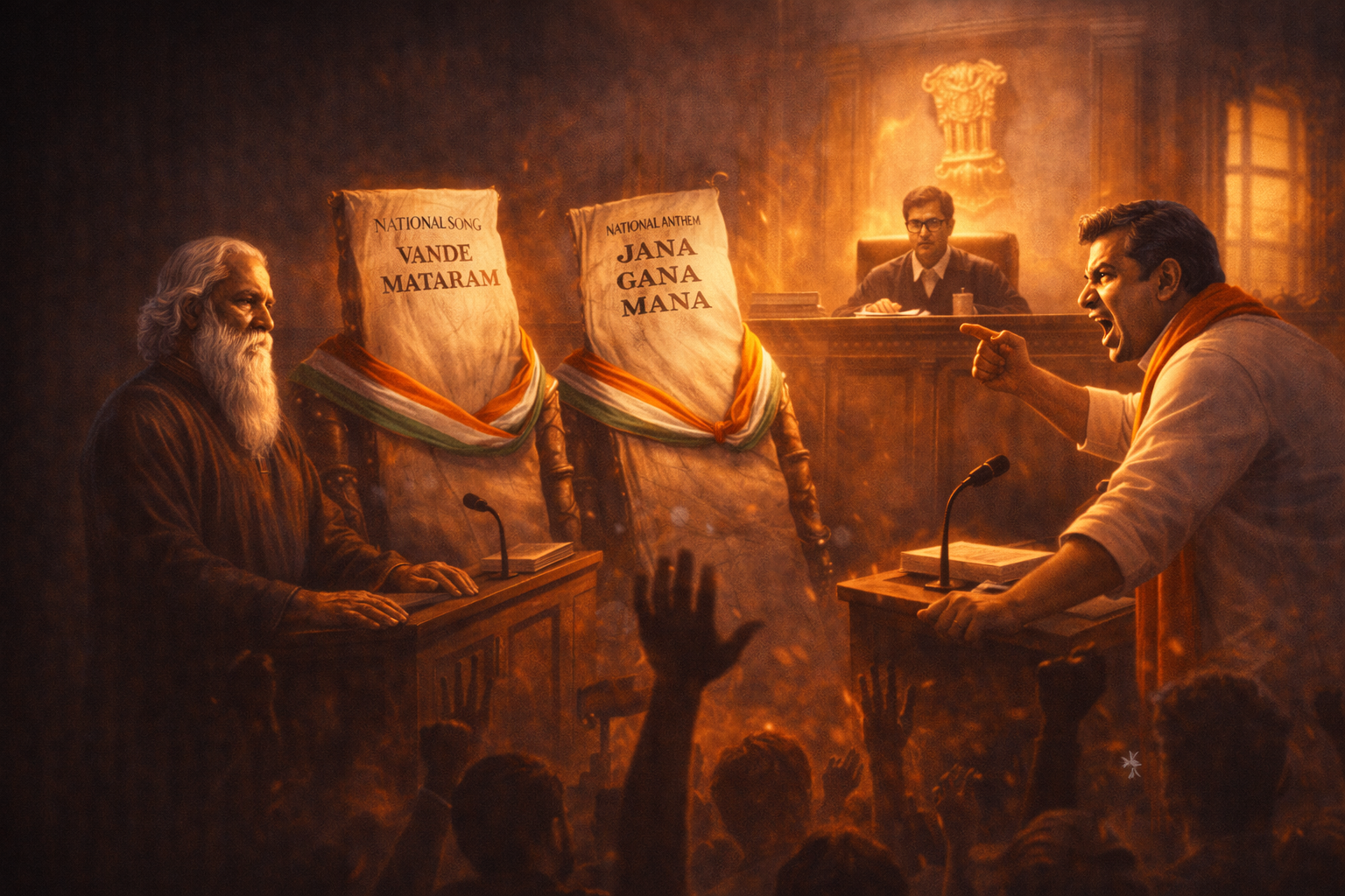 Rajendra Sharma political satire article on Vande Mataram vs Jana Gana Mana debate