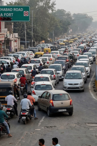 आगरा वीआईपी रोड पर ट्रैफिक जाम में फंसे वाहनों की लंबी कतार
