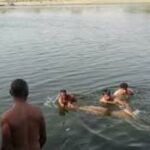 यमुना नदी में लापता युवक की तलाश करते गोताखोर