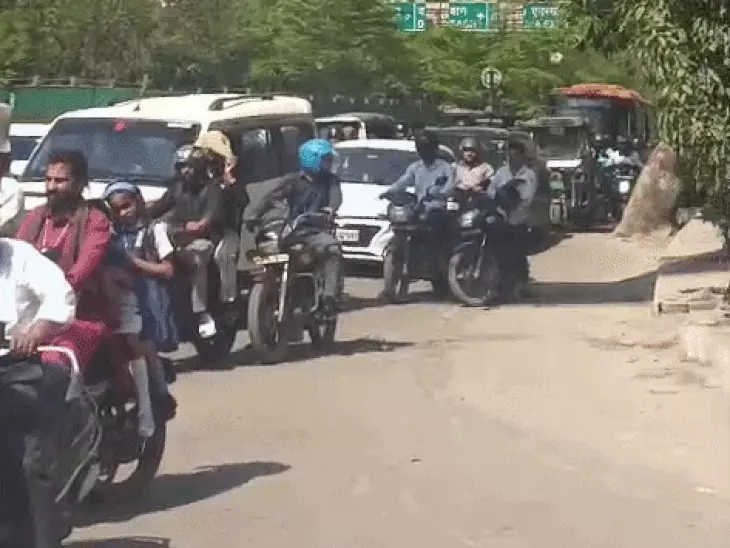 आगरा ट्रैफिक सिग्नल पर खड़े वाहनों की लंबी लाइन