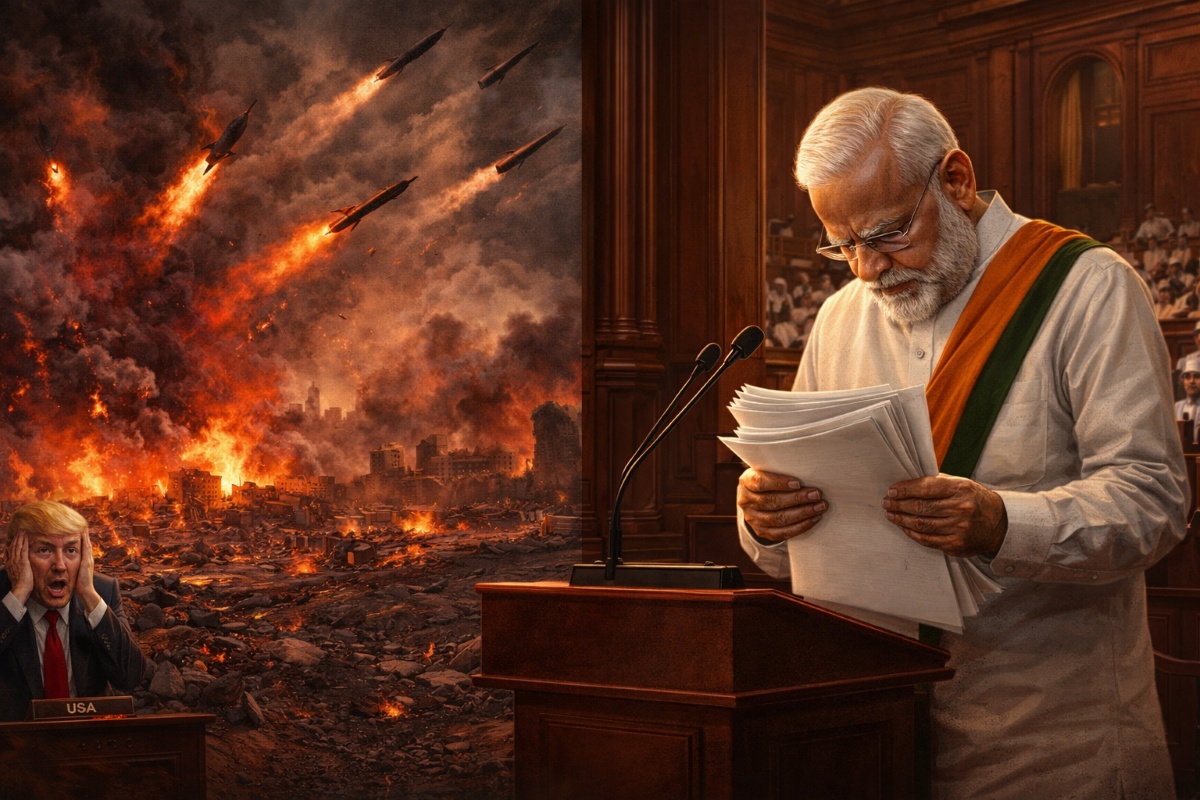 Badal Saroj political article on PM Modi parliament speech regarding West Asia war and Indian diplomacy