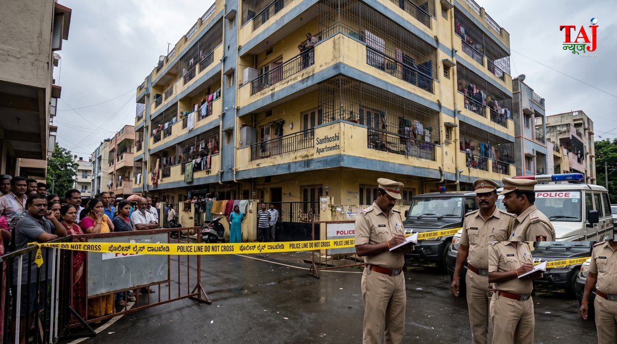 बेंगलुरु में एक बहुमंजिला इमारत के बाहर जांच करती पुलिस टीम