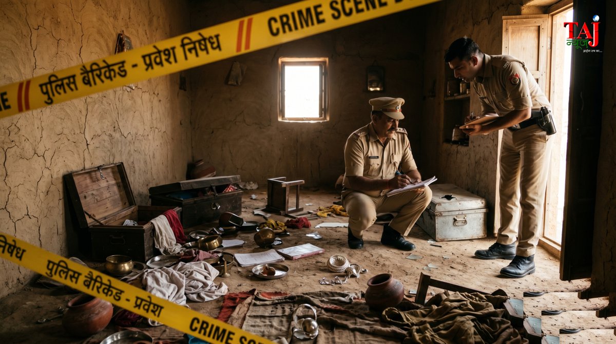 राजस्थान के जैसलमेर के मोहनगढ़ में हुए दोहरे हत्याकांड के बाद घटनास्थल की जांच करती हुई पुलिस टीम और बिखरा हुआ घर का सामान