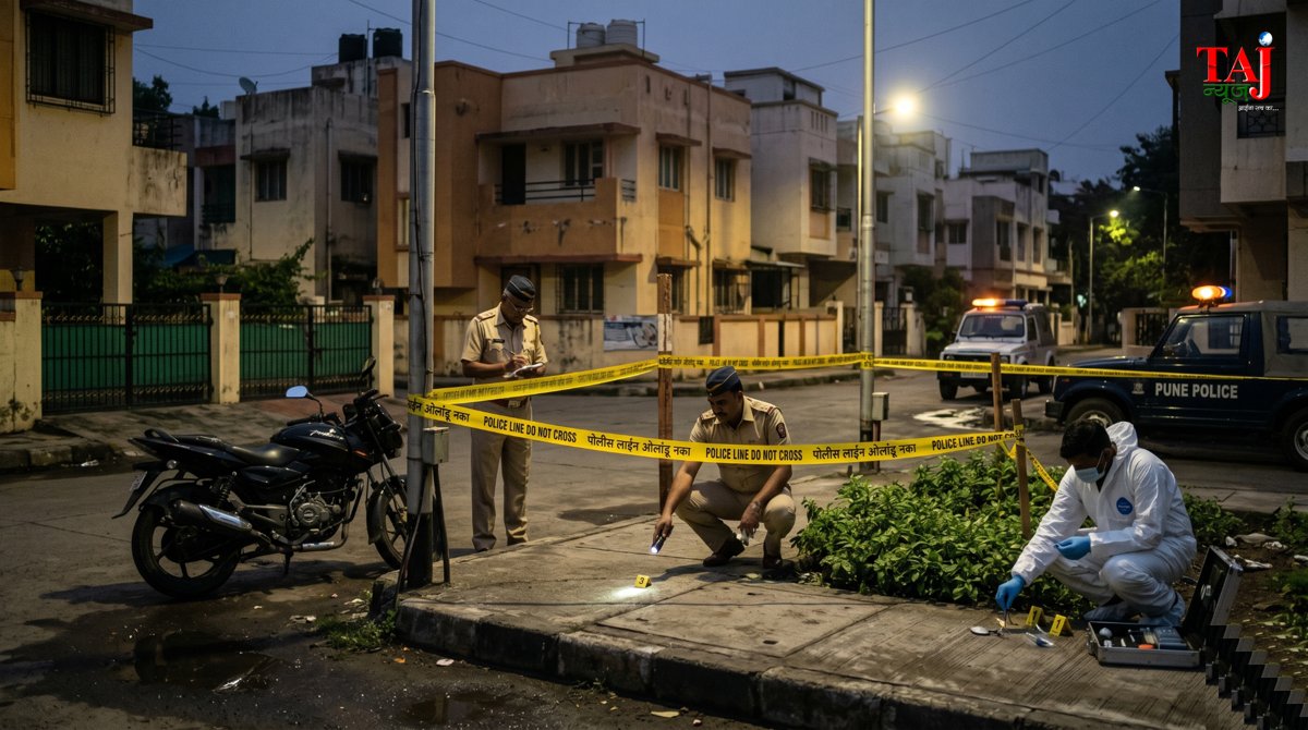 पुणे शहर में सड़क किनारे अज्ञात युवक का गला रेता हुआ शव मिलने के बाद घटनास्थल की जांच करती पुलिस और फोरेंसिक टीम का प्रतीकात्मक दृश्य