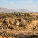 Adult african cheetah with radio tracking collar moving in dry forest rajasthan setup review