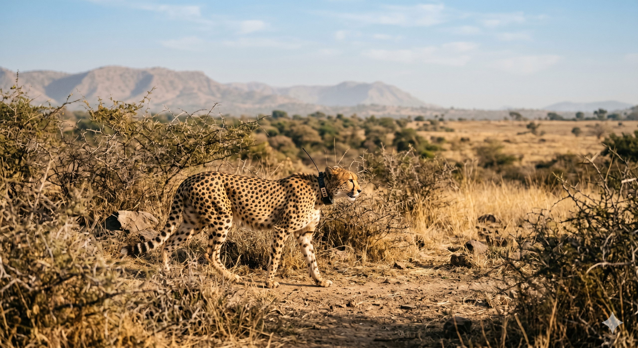 Adult african cheetah with radio tracking collar moving in dry forest rajasthan setup review