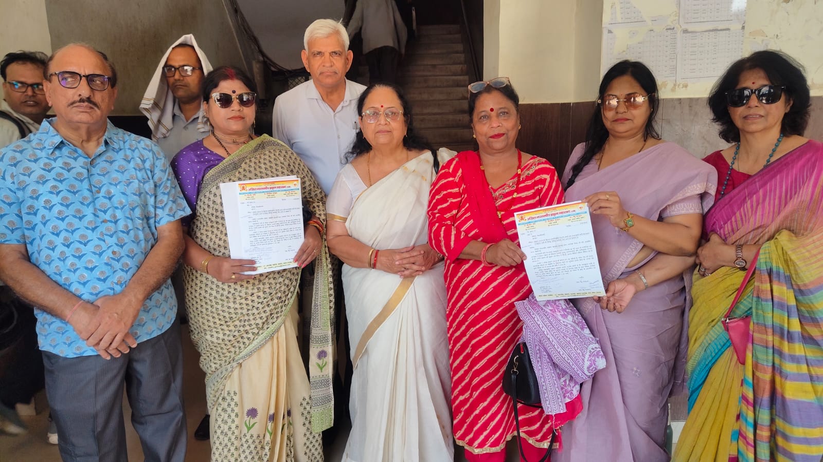 Brahmin Mahasabha delegation showcasing the memorandum inside Collectorate premises Agra