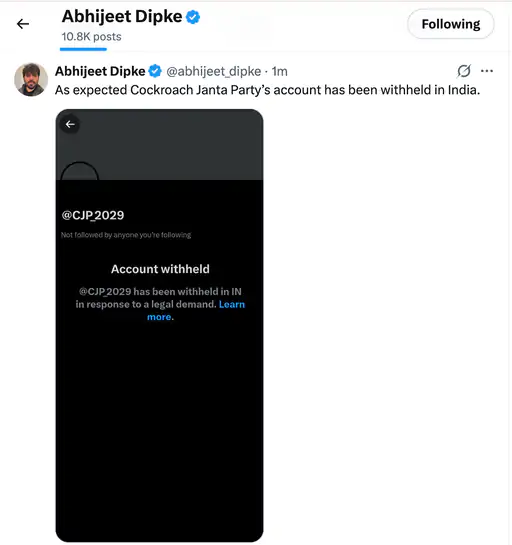 Cockroach Janta Party founder Abhijeet Dipke sharing screenshot of suspended X account