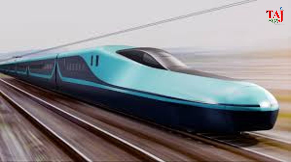 Ultra modern high-speed aerodynamic bullet train passing through an elevated track intersection grid in India