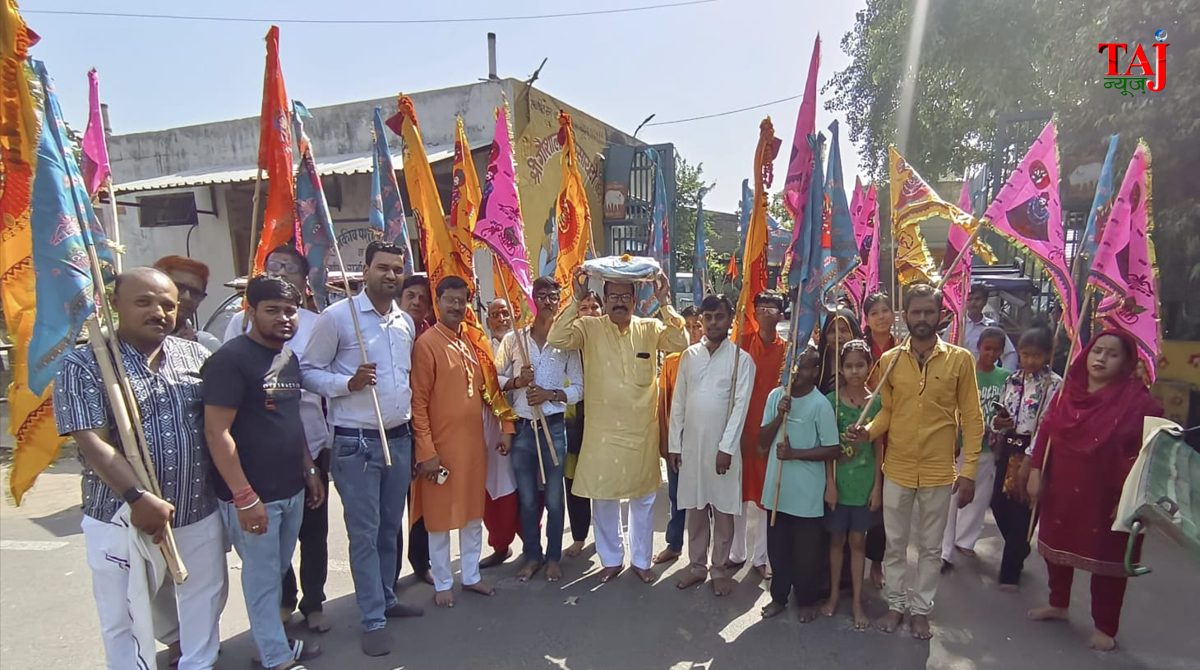 Religious procession layout featuring colorful traditional flags and holy devotional symbols