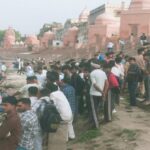 Massive crowd of devotees and police personnel gathered at Bateshwar Yamuna Ghat after drowning accident