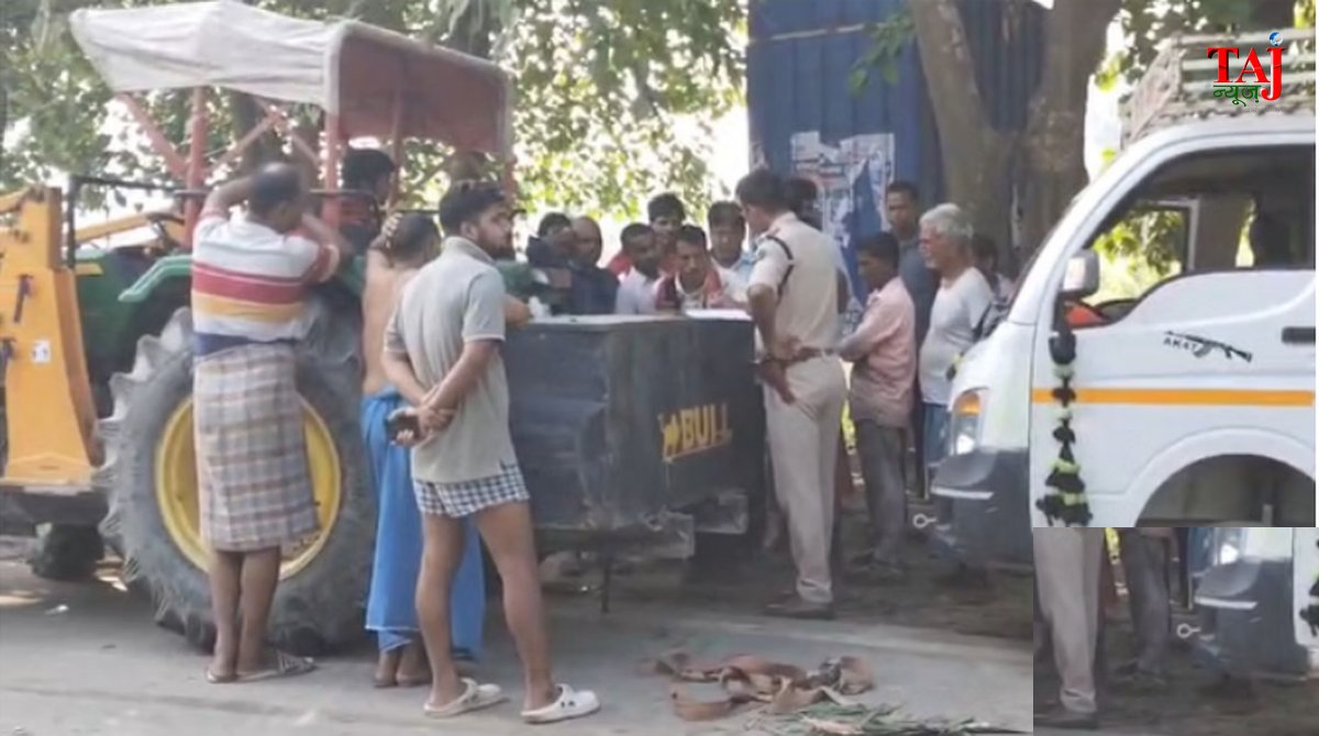 बलिया के मांझी-छपरा मार्ग पर मैजिक वाहन और ट्रक की भीषण टक्कर, कुचले हुए शव और दुर्घटनाग्रस्त वाहन की तस्वीर।