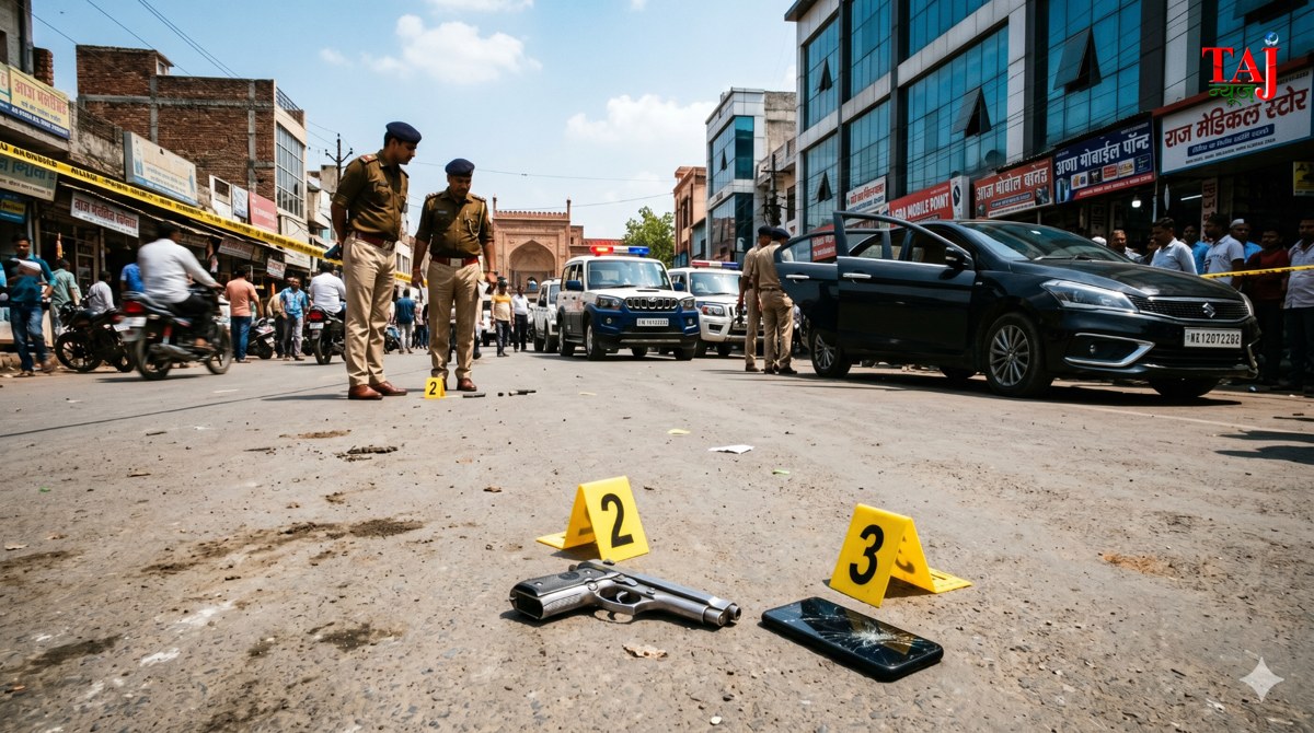 Agra Sadar Bazar police investigating near Tata Motors showroom after a youth Vinay Prakash was assaulted and threatened at gunpoint