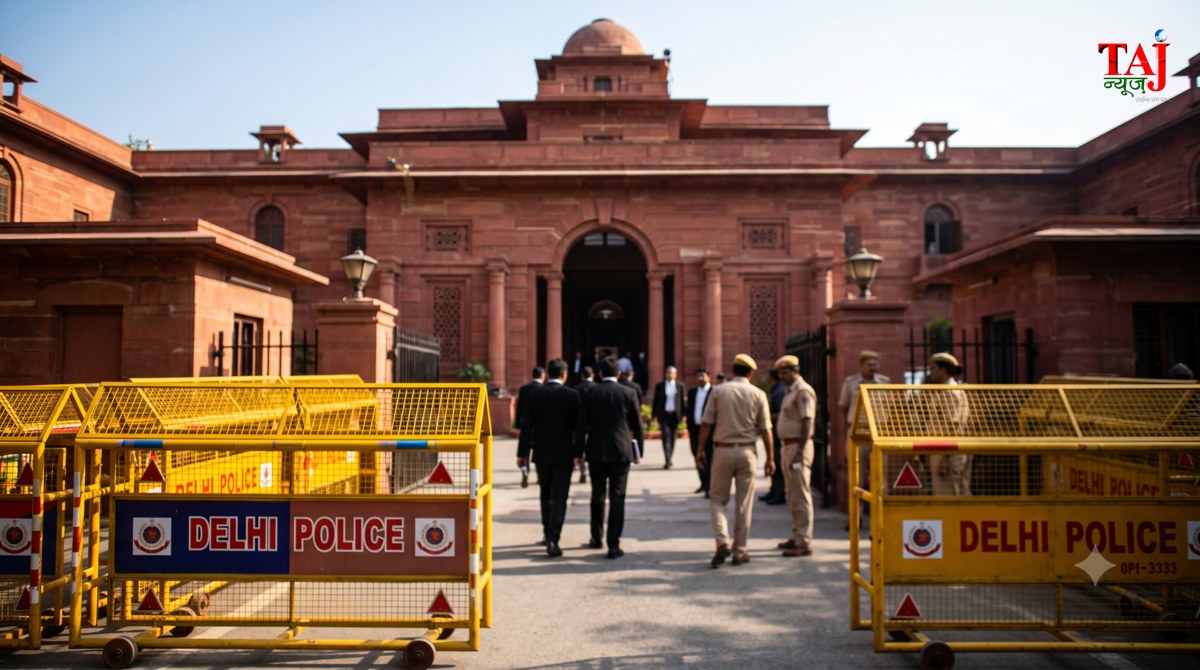 Patiala House Court Delhi building with police security barricades representing framing of charges in terror funding case