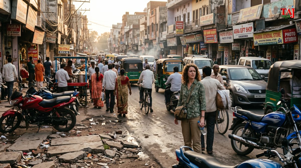 आगरा में पैदल यात्रियों के लिए खराब फुटपाथ और ट्रैफिक व्यवस्था