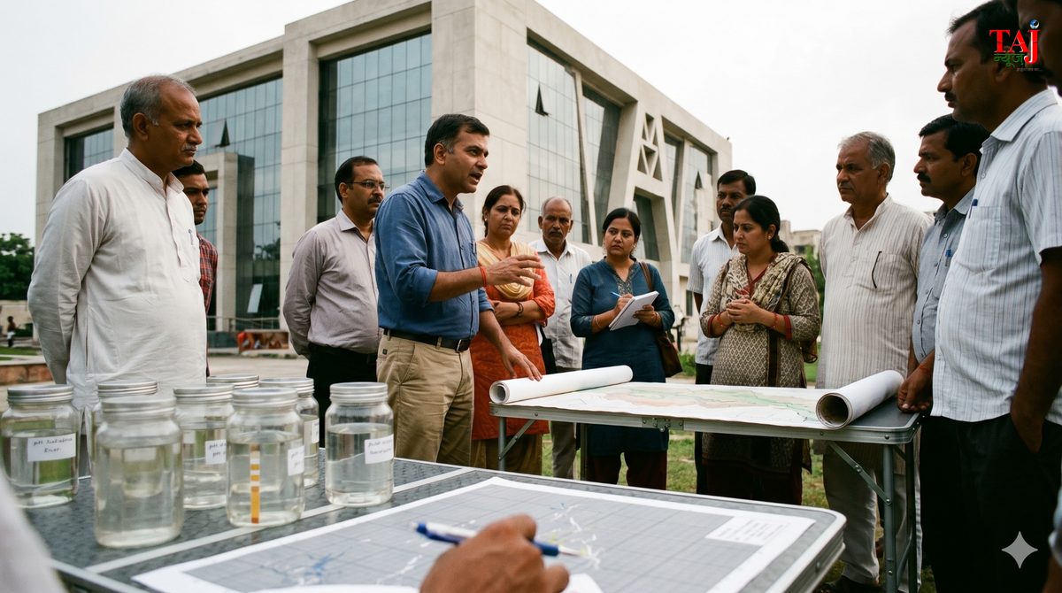 Environmental activists demonstrating for river restoration and clean water initiatives in Agra near administrative desk setups