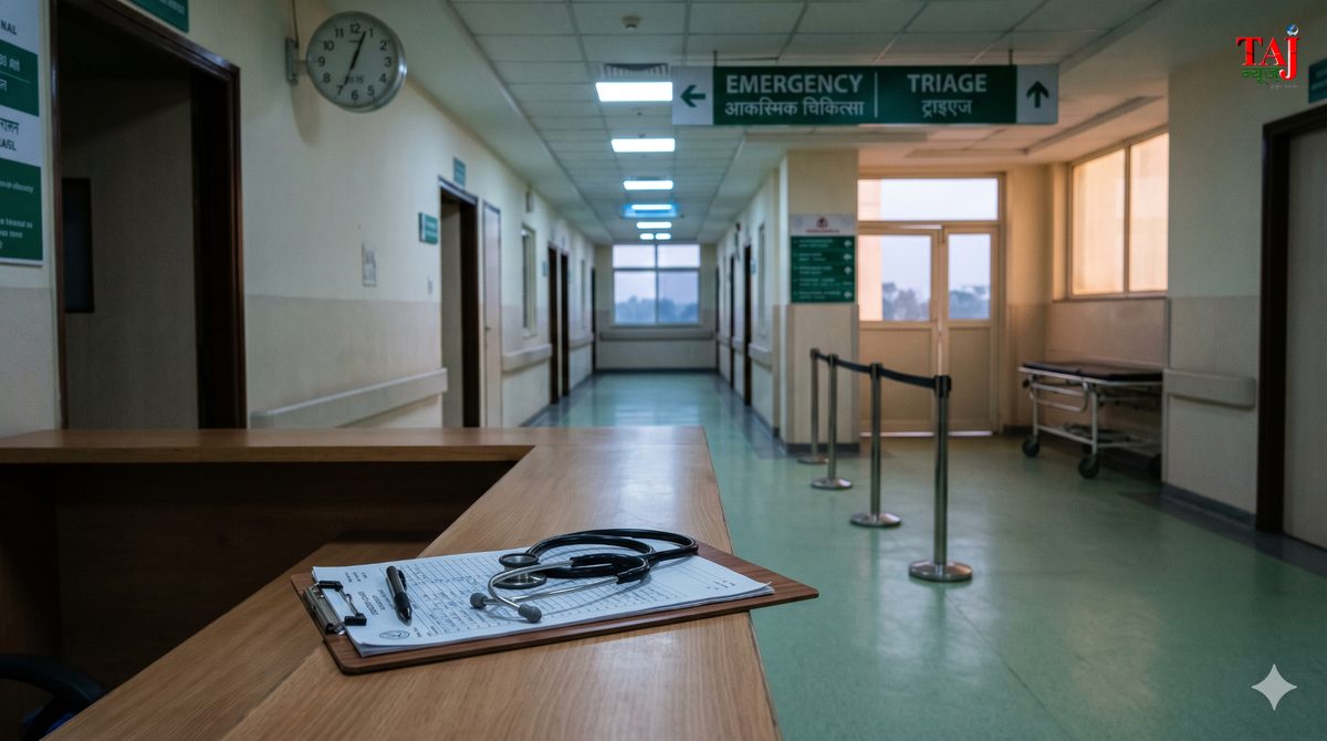 Security monitoring layout featuring regional hospital administrative wings and emergency response management desks in Agra