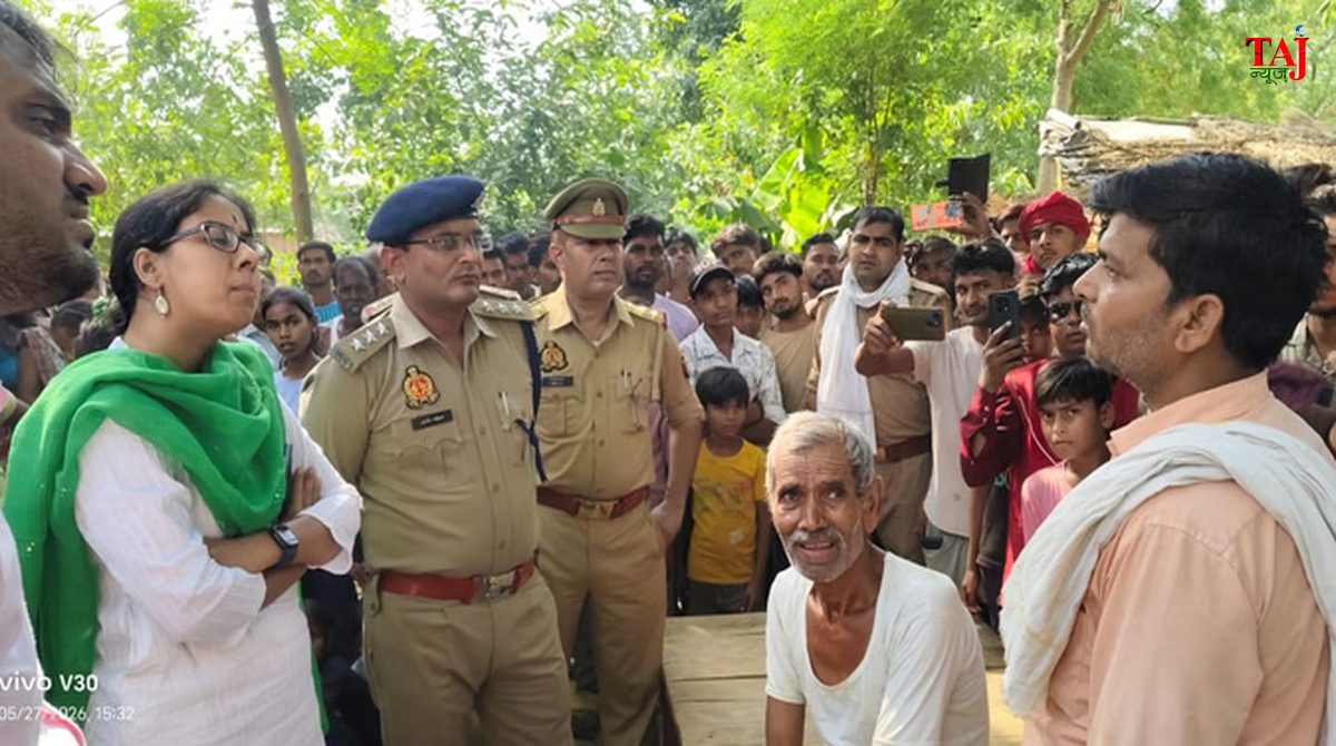 Police force inspecting damaged vehicles and maintaining security setup after communal tension at MahuaKola village in Hardoi