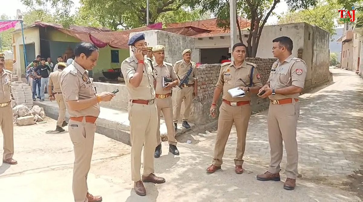 Police and forensic units recovering illegal pistols and ammunition during house search operations in Mathura village