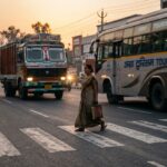 आगरा में यमुना किनारा रोड बना मौत का हाईवे, पुलिस कमिश्नर को पत्र लिख सुरक्षा की गुहार Heavy traffic lane on Yamuna Kinara road in Agra showing zebra crossing grids and pedestrian issues layout