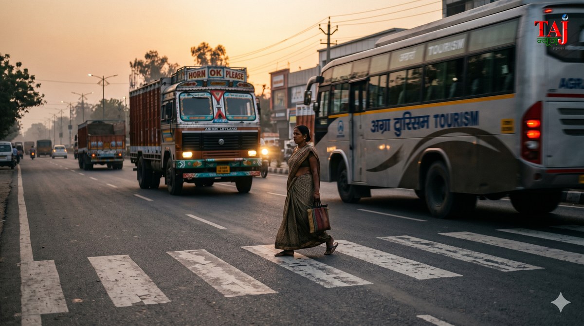 Heavy traffic lane on Yamuna Kinara road in Agra showing zebra crossing grids and pedestrian issues layout