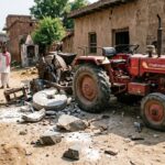 Destruction at the site in Bai Kheda village Malpura after a tractor powered mobile flour mill stone exploded killing a man