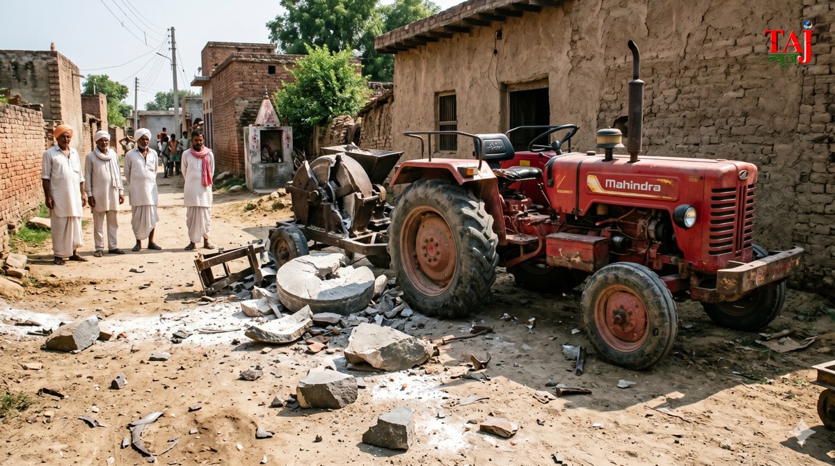 Destruction at the site in Bai Kheda village Malpura after a tractor powered mobile flour mill stone exploded killing a man
