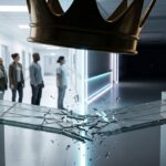 A high-resolution, sharp conceptual editorial photograph framed in a 1200x670 pixel aspect ratio. In the close foreground, a beautiful, delicate glass bridge connecting two structures is visibly fracturing under the heavy, oppressive shadow of an abstract, golden royal crown shape. In the blurred background, a clinical, sterile hospital corridor is divided by glowing neon lines, separating an orderly, waiting line of common citizens from a dark, empty space. The tones are cool gray and dark amber, capturing a profound sense of class division and emotional coldness. 3D realistic style.